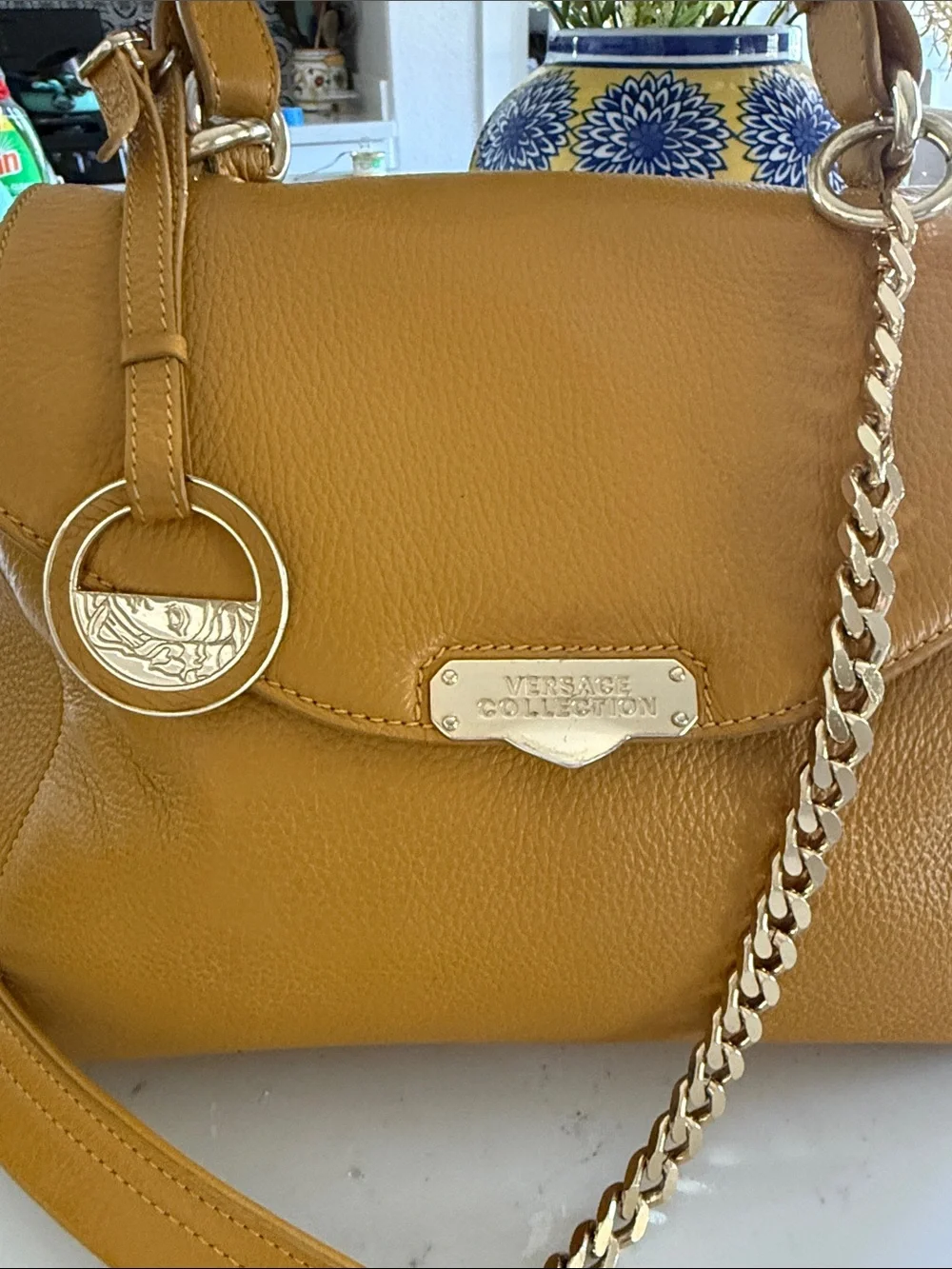 Versace Collection Mustard Yellow Leather Satchel with Gold Chain